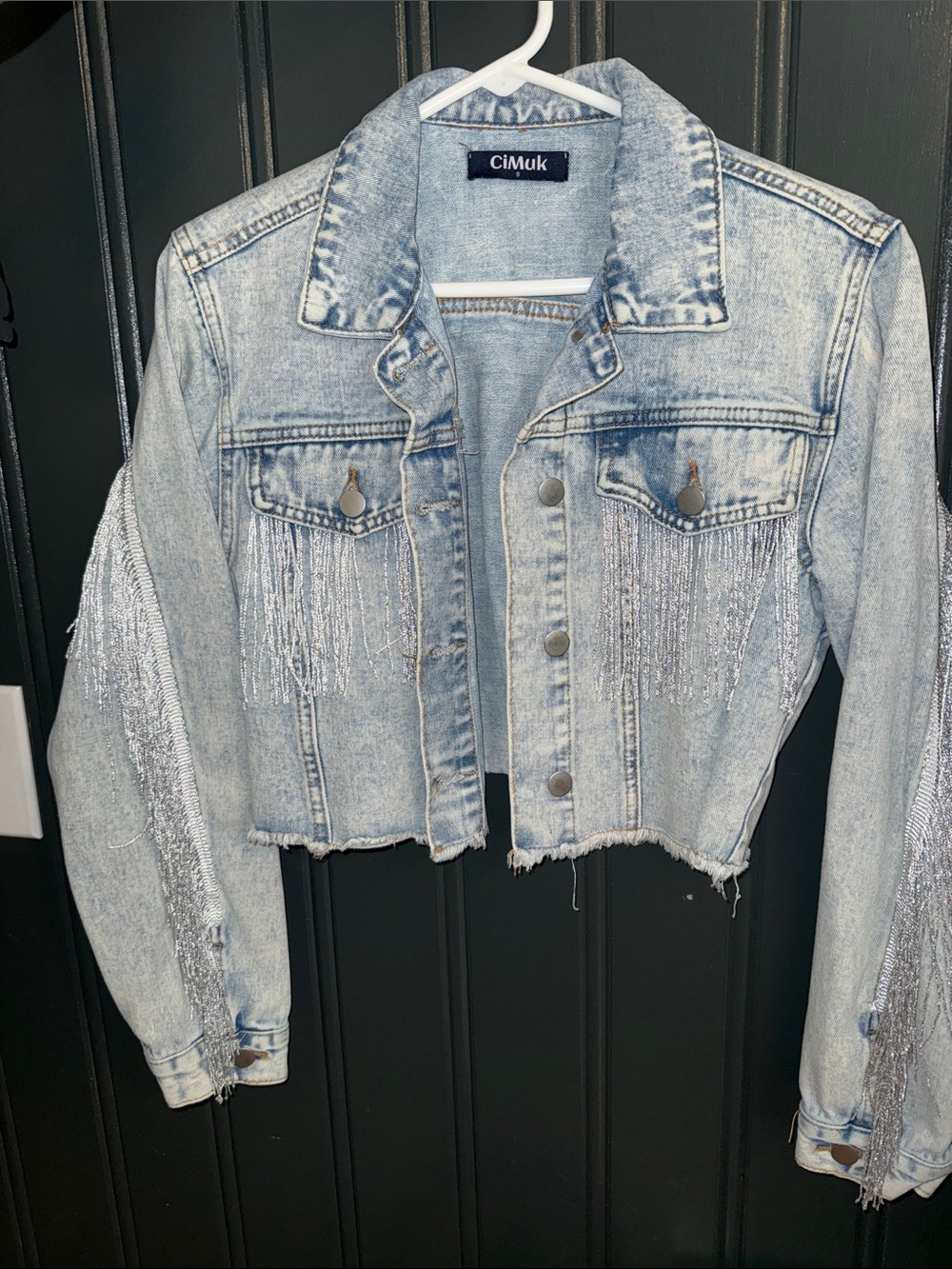 Light Wash Cropped Denim Jacket with Fringe - Light Blue